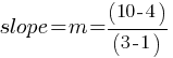 slope = m = (10 - 4)/(3 - 1)